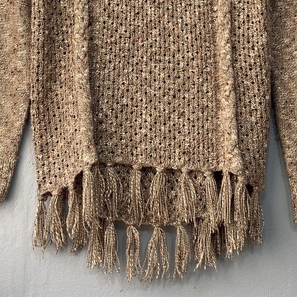 Bass Womens Small Marled Tan Boho Sweater Fringed Tunic Top Cowl Neck Cable Knit - Picture 5 of 8